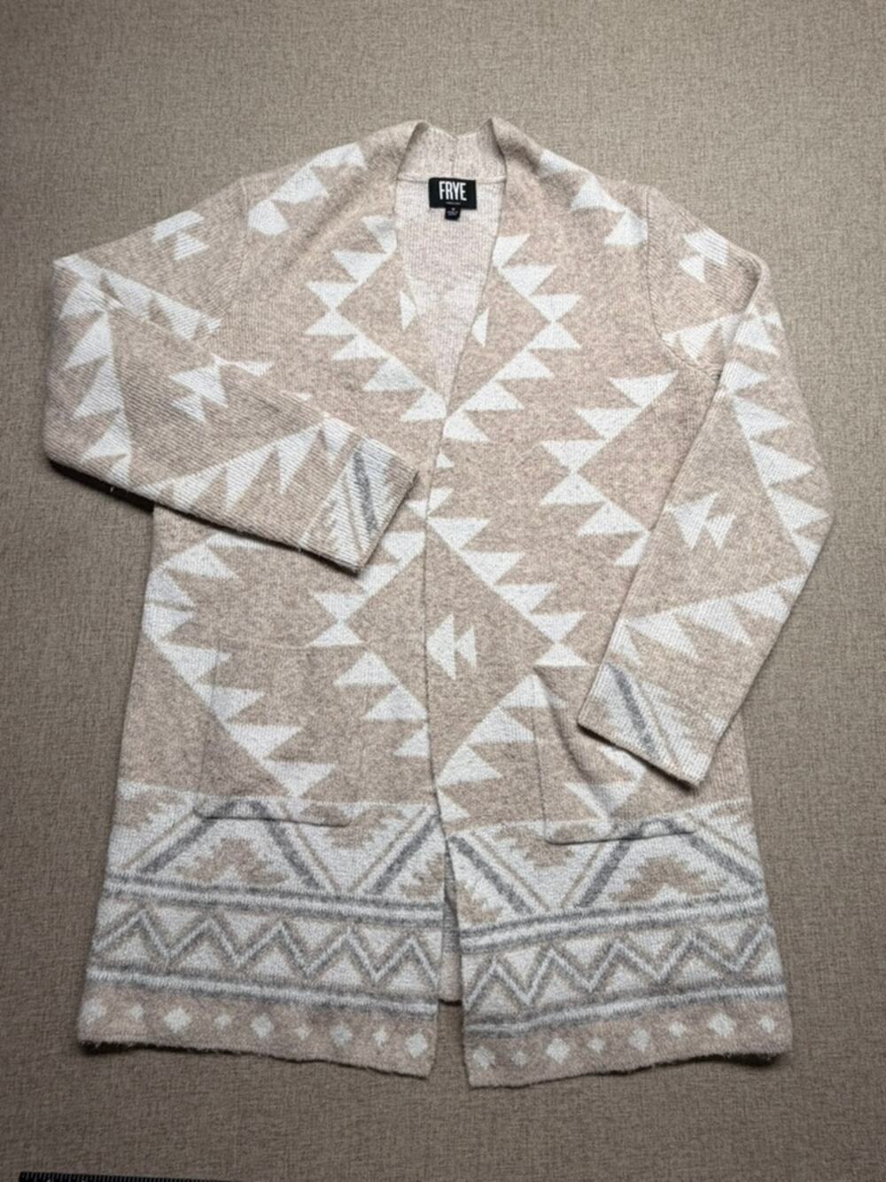 Frye Beige Southwest Aztec Pattern Open Front Longline Cardigan Sweater Medium
